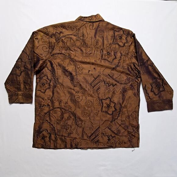 Vintage Bleu Bayou Silk Shirt Embroidered Small Brown Beaded Blouse 90s - Picture 8 of 14